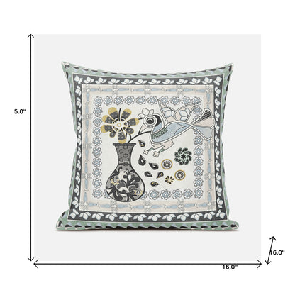 16" X 16" Black and Gray Peacock Broadcloth Floral Zippered Pillow