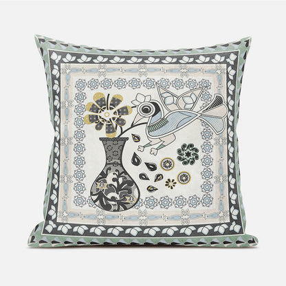 18" X 18" Black and Gray Peacock Broadcloth Floral Zippered Pillow