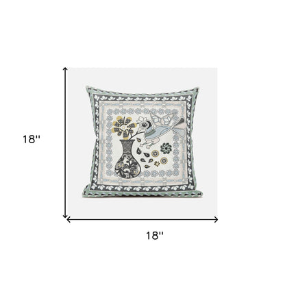 18" X 18" Black and Gray Peacock Broadcloth Floral Zippered Pillow