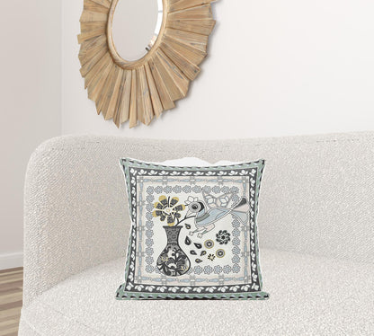 20" X 20" Black and Gray Peacock Broadcloth Floral Zippered Pillow