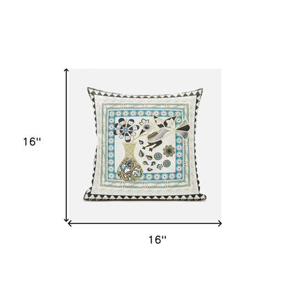 16" X 16" Blue and Yellow Peacock Broadcloth Floral Zippered Pillow