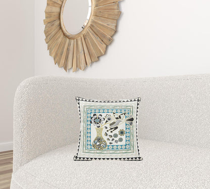 16" X 16" Blue and Yellow Peacock Broadcloth Floral Zippered Pillow