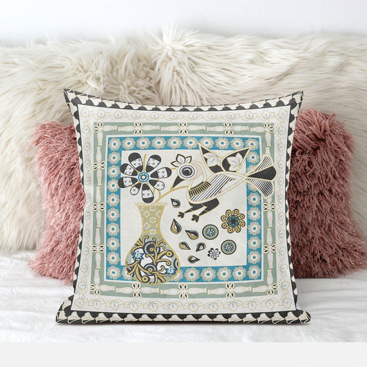20" X 20" Blue and Yellow Peacock Broadcloth Floral Zippered Pillow