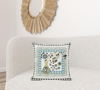 20" X 20" Blue and Yellow Peacock Broadcloth Floral Zippered Pillow