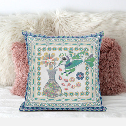16" X 16" Green and Yellow Peacock Broadcloth Floral Zippered Pillow