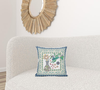 16" X 16" Green and Yellow Peacock Broadcloth Floral Zippered Pillow