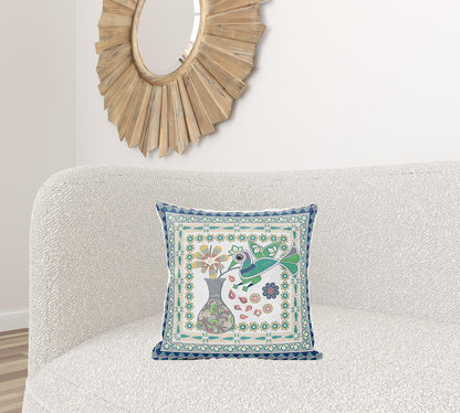 18" X 18" Green and Yellow Peacock Broadcloth Floral Zippered Pillow