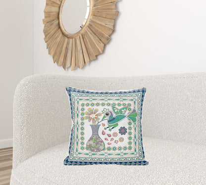 20" X 20" Green and Yellow Peacock Broadcloth Floral Zippered Pillow