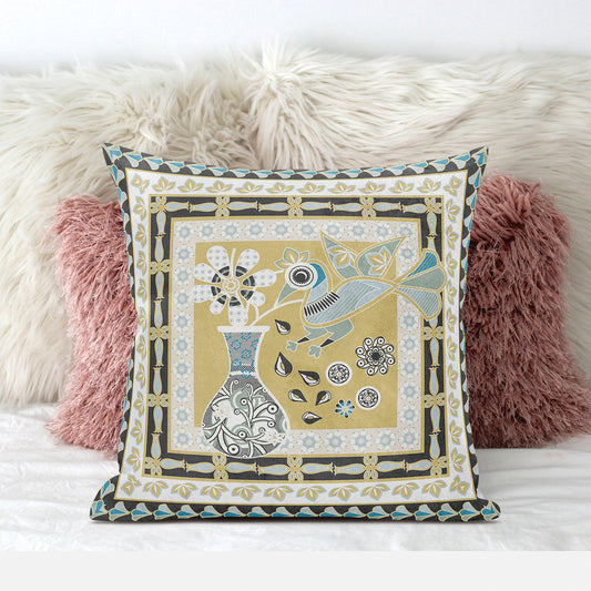 16" X 16" Beige and White Peacock Broadcloth Floral Zippered Pillow