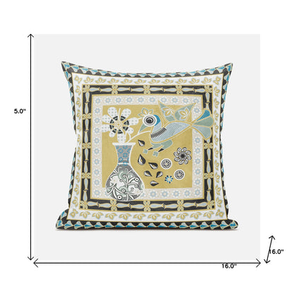 16" X 16" Beige and White Peacock Broadcloth Floral Zippered Pillow