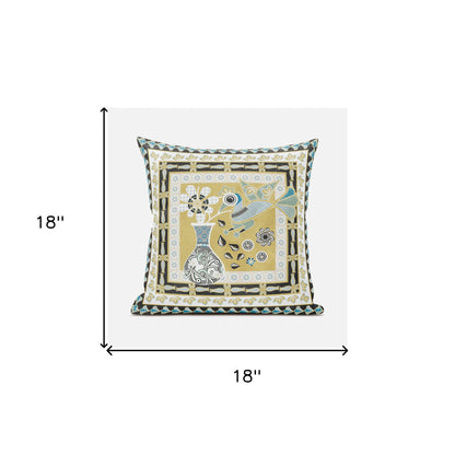 18" X 18" Beige and White Peacock Broadcloth Floral Zippered Pillow
