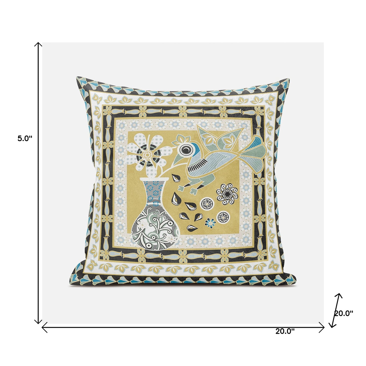 20" X 20" Beige and White Peacock Broadcloth Floral Zippered Pillow