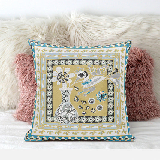 16" X 16" Beige and White Peacock Broadcloth Floral Zippered Pillow