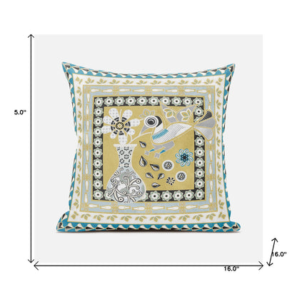 16" X 16" Beige and White Peacock Broadcloth Floral Zippered Pillow