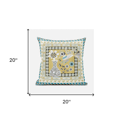 20" X 20" Beige and White Peacock Broadcloth Floral Zippered Pillow