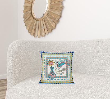 16" X 16" Blue and Gold Peacock Broadcloth Floral Zippered Pillow