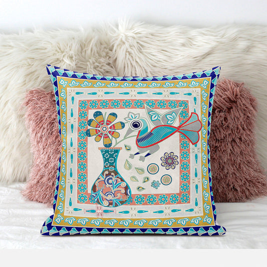 18" X 18" Blue and Gold Peacock Broadcloth Floral Zippered Pillow