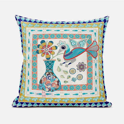 18" X 18" Blue and Gold Peacock Broadcloth Floral Zippered Pillow