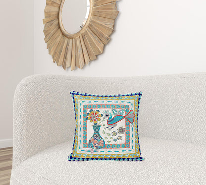 18" X 18" Blue and Gold Peacock Broadcloth Floral Zippered Pillow