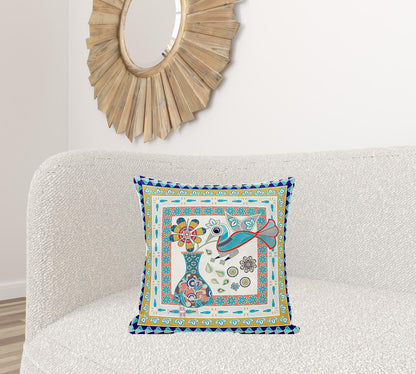 20" X 20" Blue and Gold Peacock Broadcloth Floral Zippered Pillow