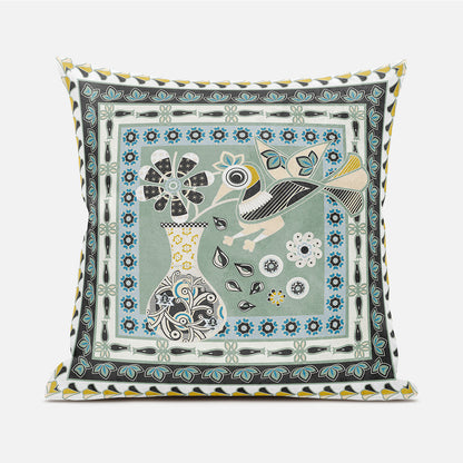 16" X 16" Green and Black Peacock Broadcloth Floral Zippered Pillow