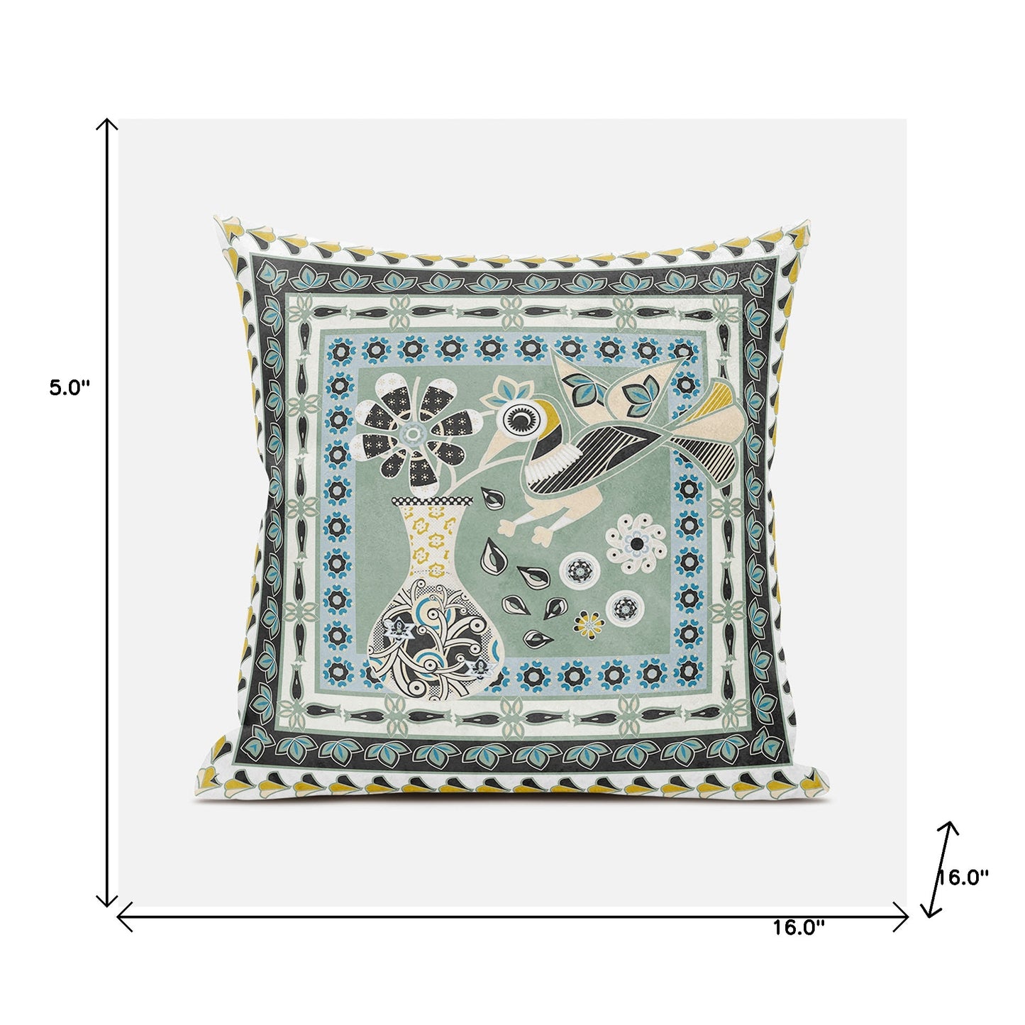 16" X 16" Green and Black Peacock Broadcloth Floral Zippered Pillow