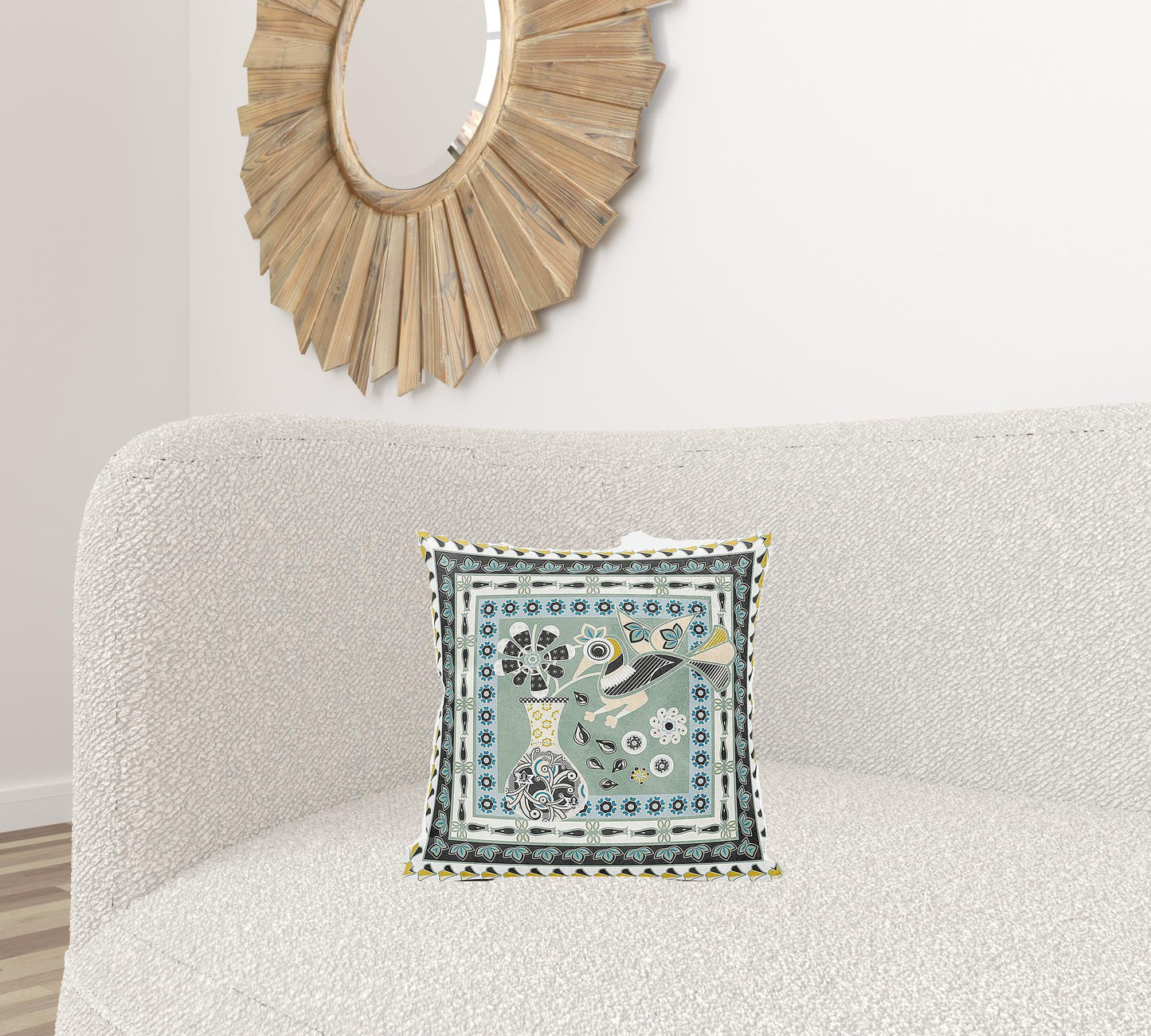 16" X 16" Green and Black Peacock Broadcloth Floral Zippered Pillow