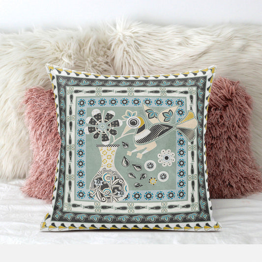 18" X 18" Green and Black Peacock Broadcloth Floral Zippered Pillow