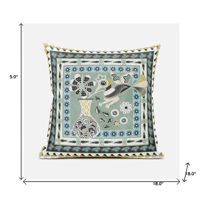 18" X 18" Green and Black Peacock Broadcloth Floral Zippered Pillow