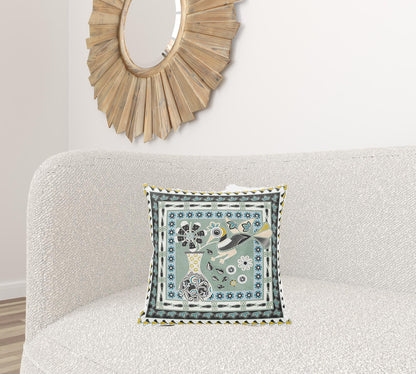 18" X 18" Green and Black Peacock Broadcloth Floral Zippered Pillow