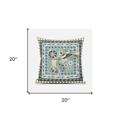 20" X 20" Green and Black Peacock Broadcloth Floral Zippered Pillow