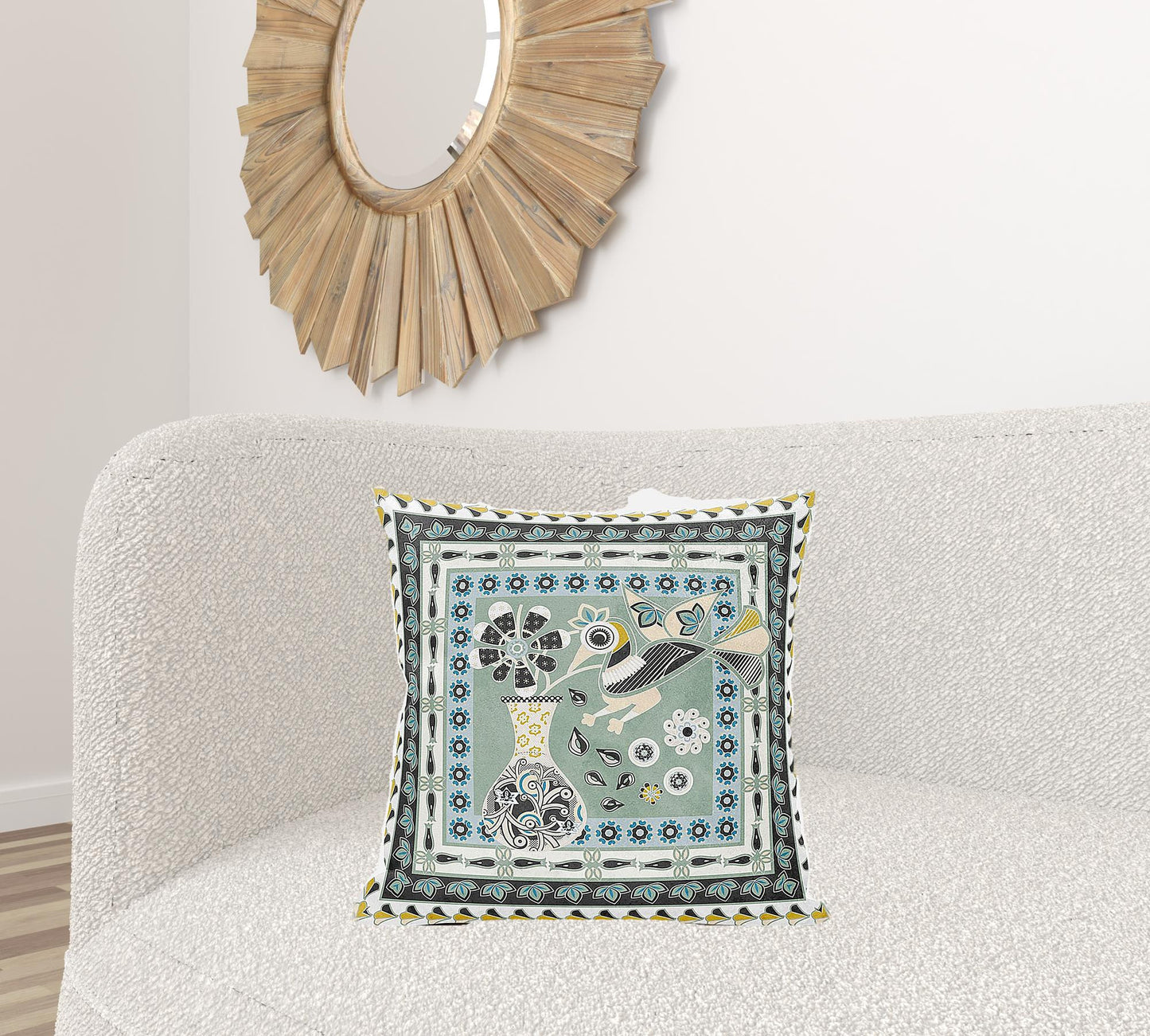 20" X 20" Green and Black Peacock Broadcloth Floral Zippered Pillow