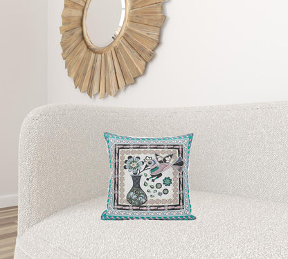 16" X 16" Black and Gray Peacock Broadcloth Floral Zippered Pillow