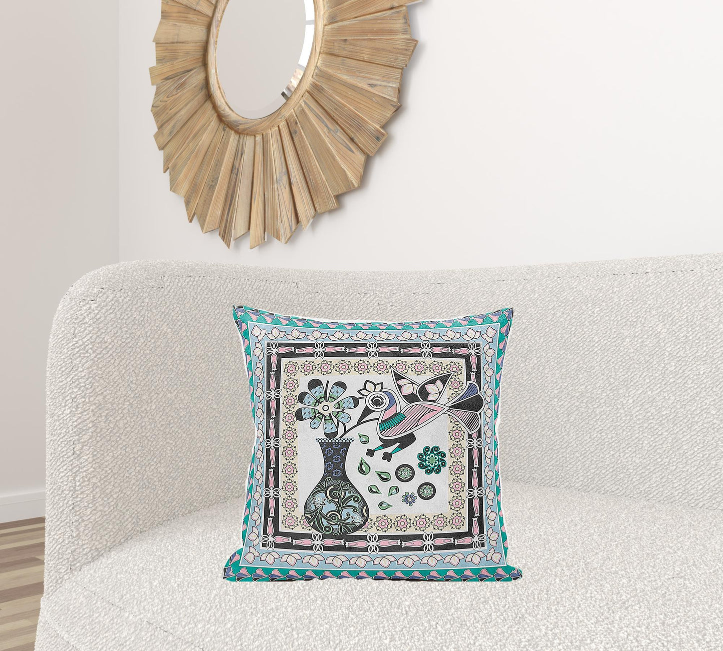 20" X 20" Black and Gray Peacock Broadcloth Floral Zippered Pillow