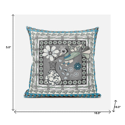 16" X 16" Black Gray and White Peacock Broadcloth Floral Zippered Pillow