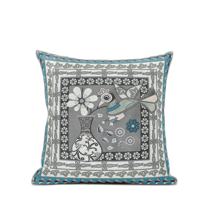 16" X 16" Black Gray and White Peacock Broadcloth Floral Zippered Pillow