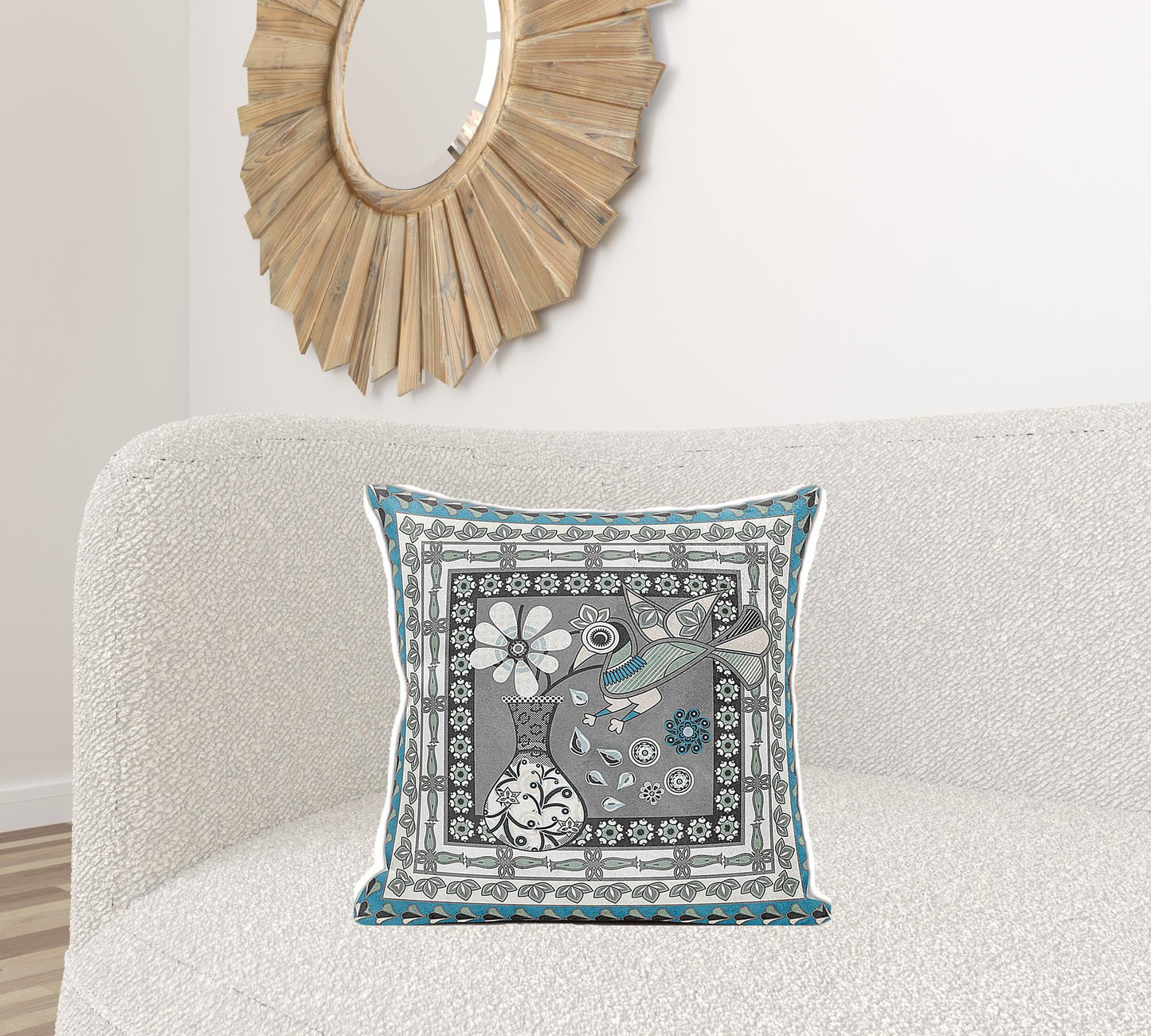 20" X 20" Black Gray and White Peacock Broadcloth Floral Zippered Pillow