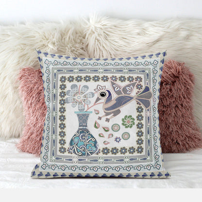 16" X 16" Blue and Gray Peacock Broadcloth Floral Zippered Pillow