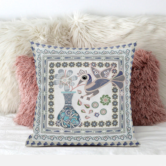 16" X 16" Blue and Gray Peacock Broadcloth Floral Zippered Pillow