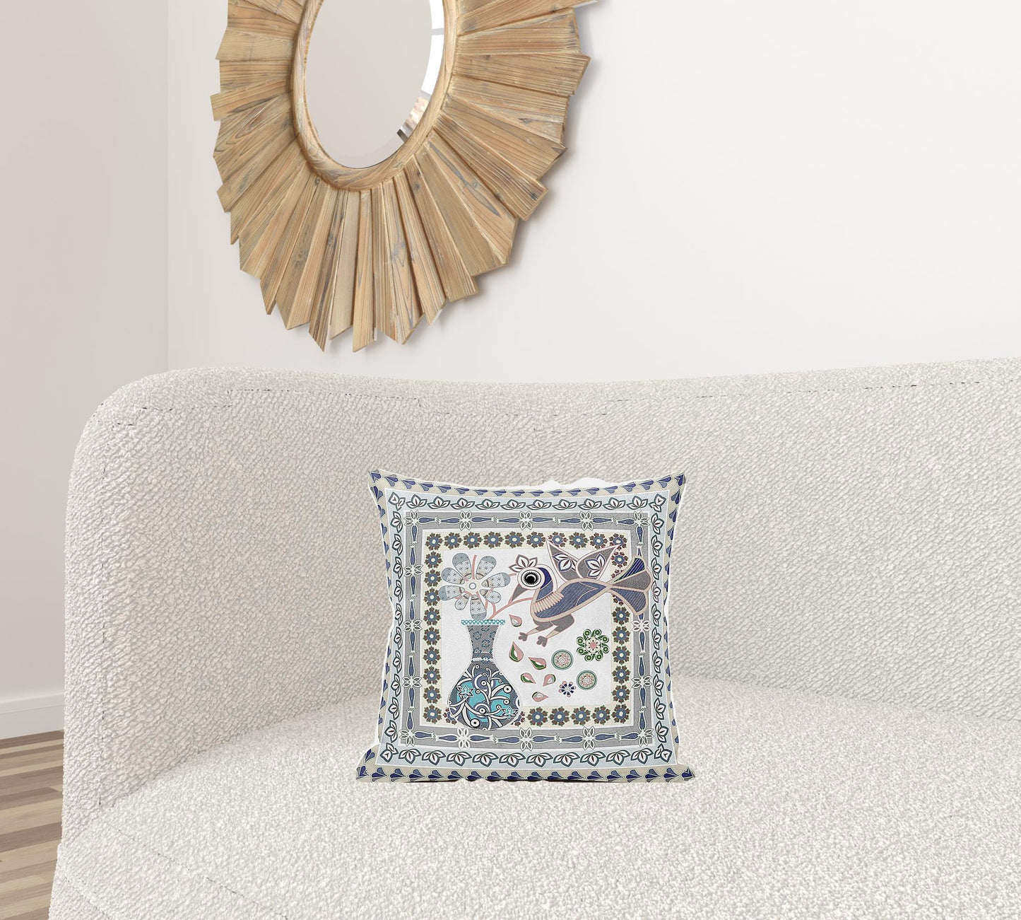 16" X 16" Blue and Gray Peacock Broadcloth Floral Zippered Pillow