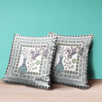 20" X 20" Blue and Gray Peacock Broadcloth Floral Zippered Pillow