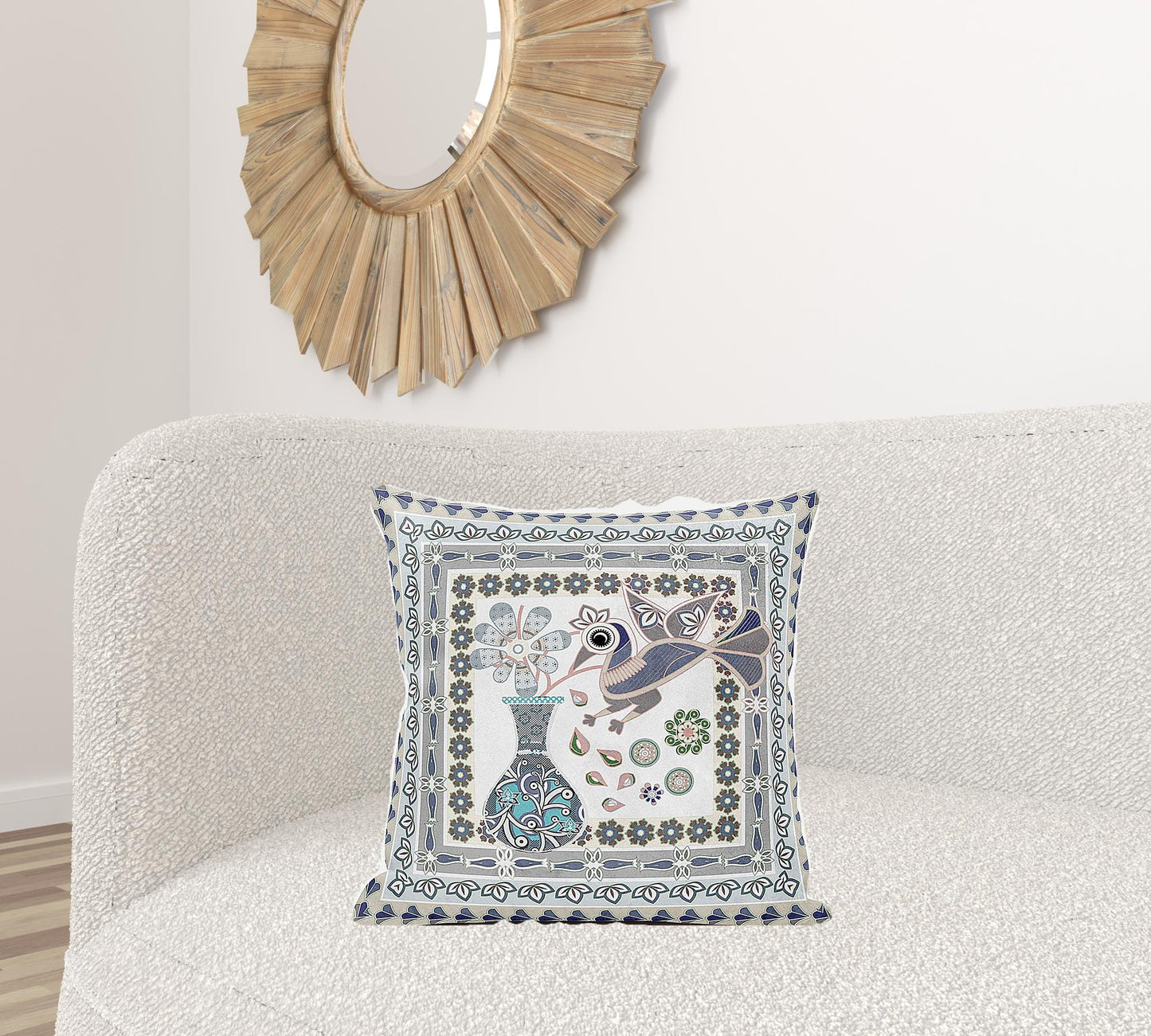 20" X 20" Blue and Gray Peacock Broadcloth Floral Zippered Pillow
