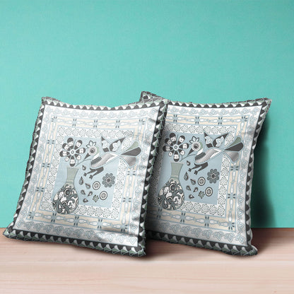 16" X 16" Blue and Black Peacock Broadcloth Floral Zippered Pillow