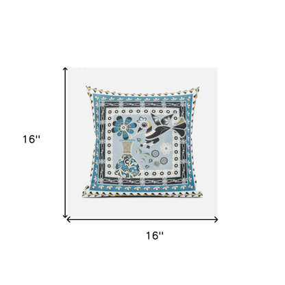 16" X 16" Blue and Black Peacock Broadcloth Floral Zippered Pillow