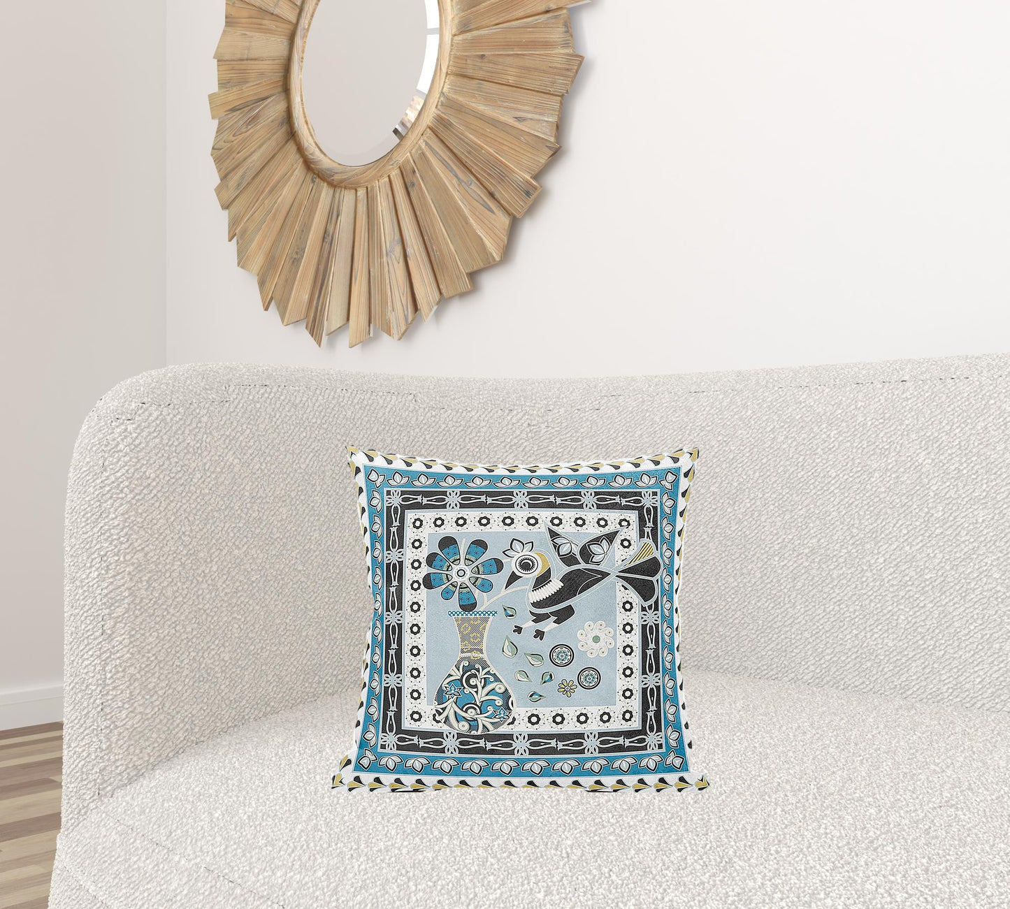 18" X 18" Blue and Black Peacock Broadcloth Floral Zippered Pillow
