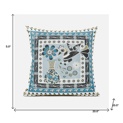 20" X 20" Blue and Black Peacock Broadcloth Floral Zippered Pillow