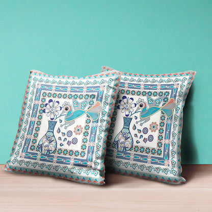 16" X 16" Blue and Off White Peacock Broadcloth Floral Zippered Pillow