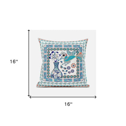 16" X 16" Blue and Off White Peacock Broadcloth Floral Zippered Pillow