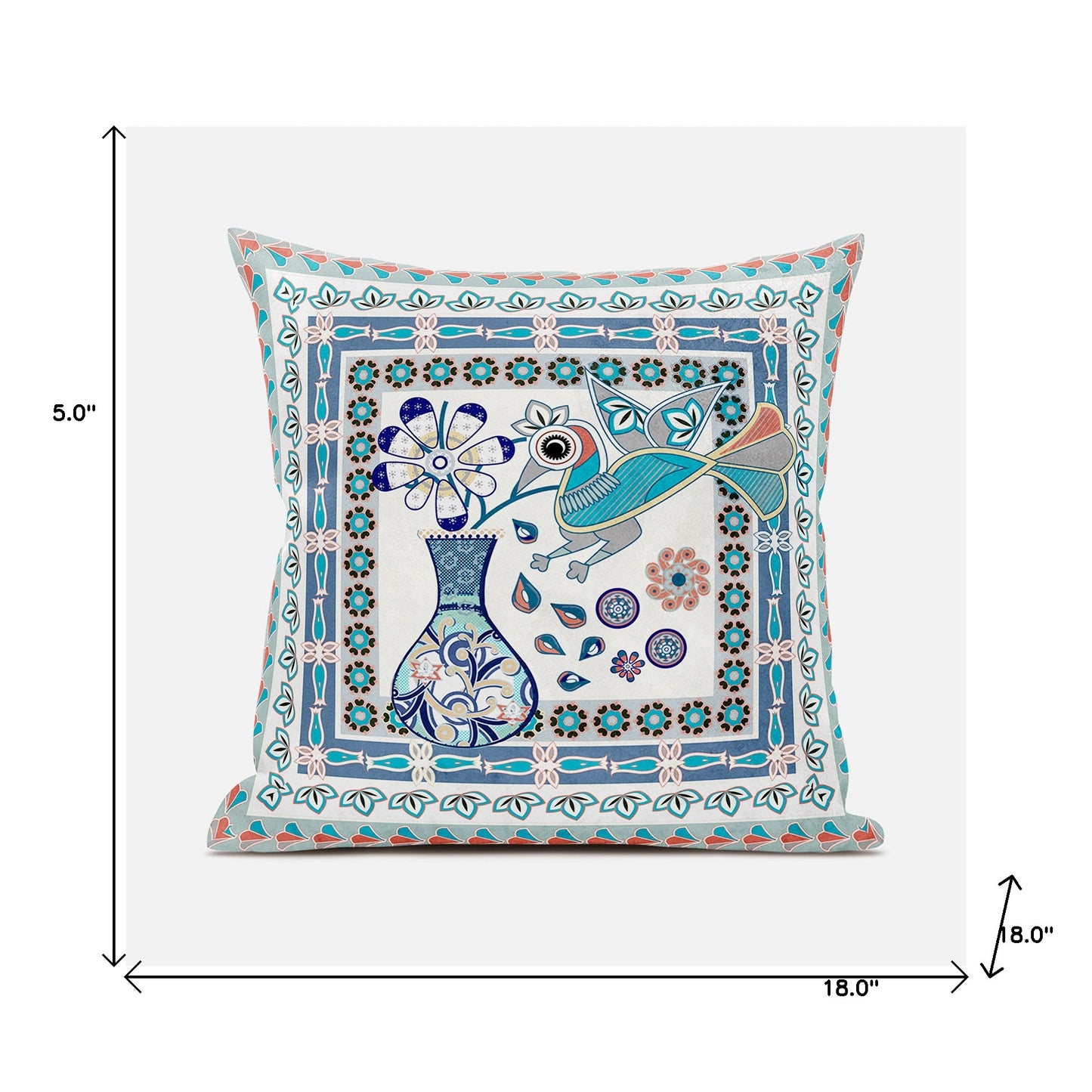 18" X 18" Blue and Off White Peacock Broadcloth Floral Zippered Pillow