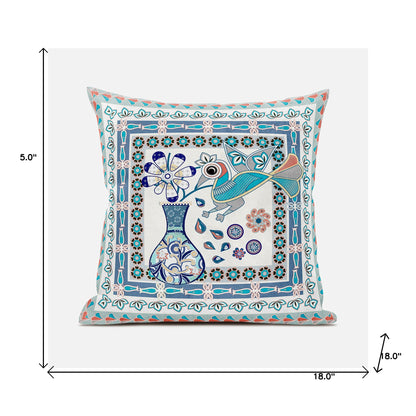 18" X 18" Blue and Off White Peacock Broadcloth Floral Zippered Pillow